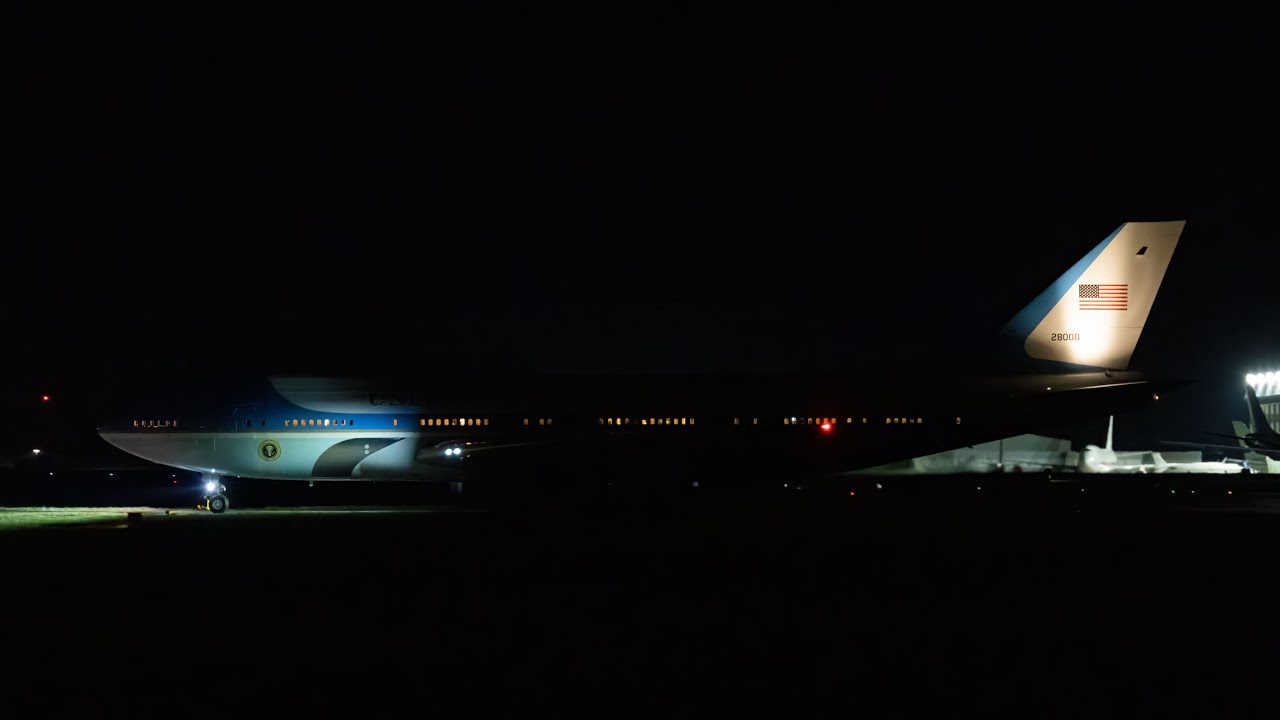 President Biden on Air Force One Arrives At Night At Stansted Airport