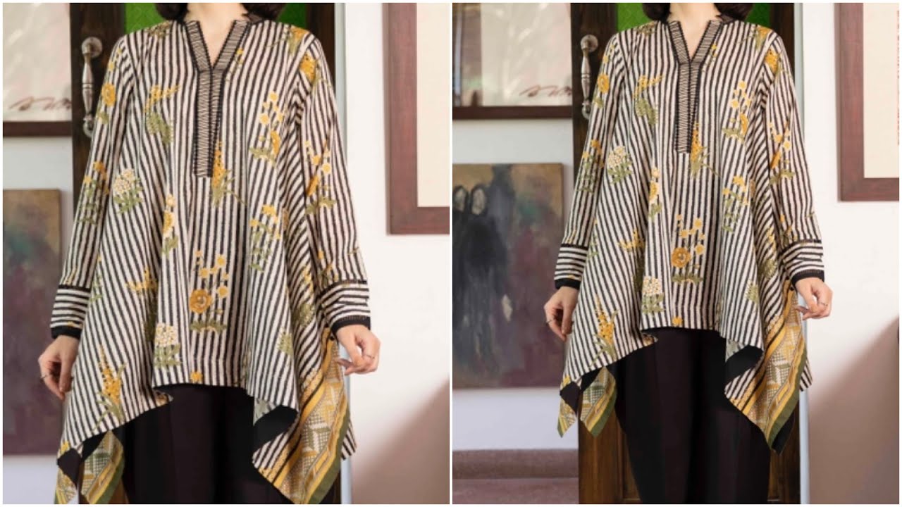 Designer high low loose style tunic cutting and stitching with stylish neck design