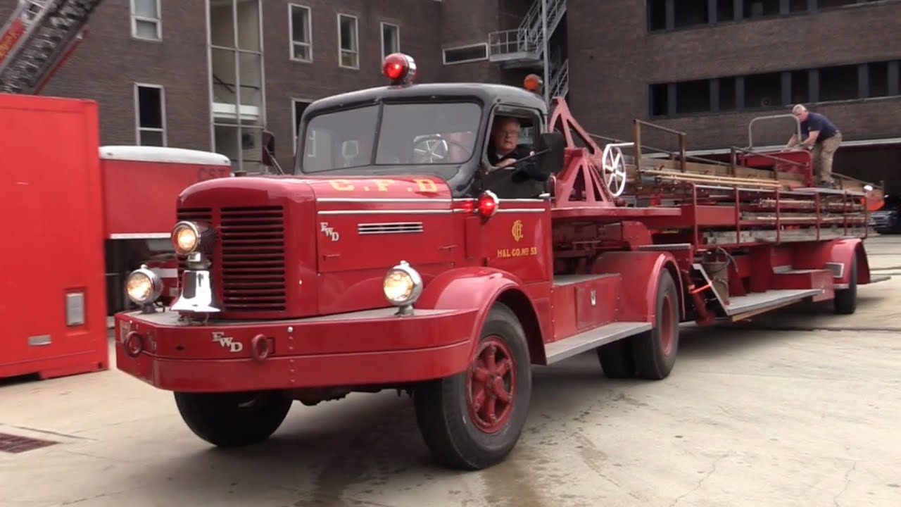 Chicago Fire Dept Old Antique Hook and Ladder Company 53 Tiller, backing into the Quinn Fire Academy