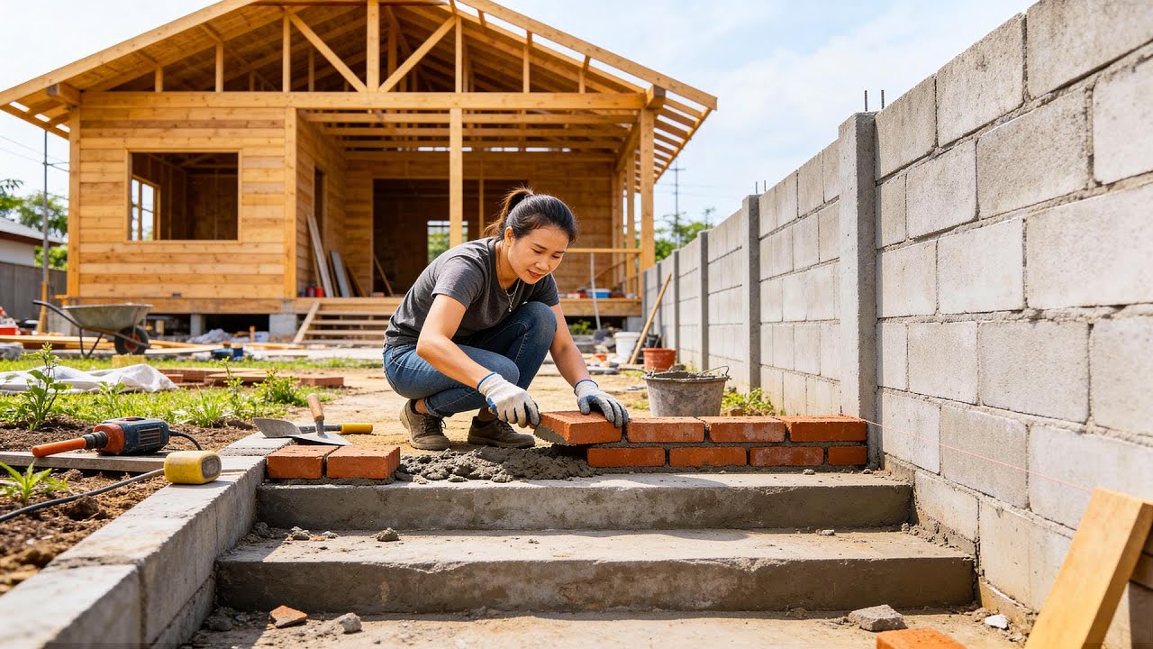 Timelapse – Building Brick Steps with Cement & Complete Concrete Fence | $200 Project