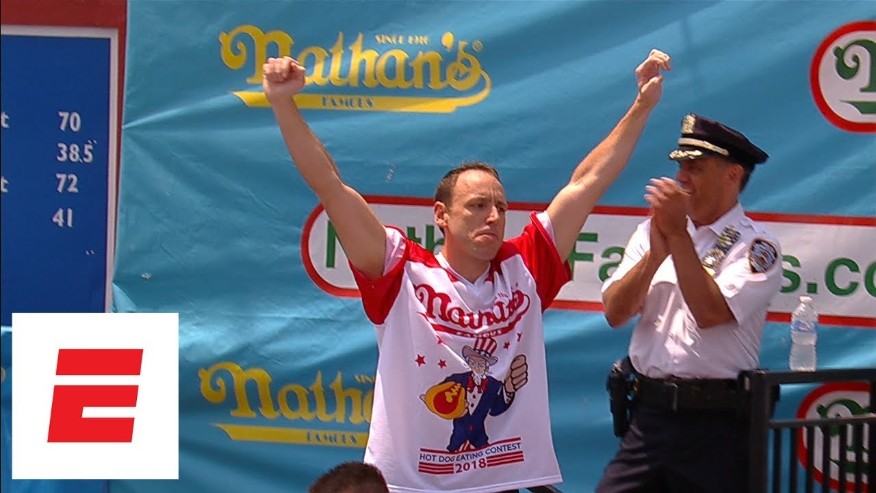 Joey Chestnut pummels record 74 hot dogs to win Nathan&rsquo;s Hot Dog Eating Contest for 11th time | ESPN