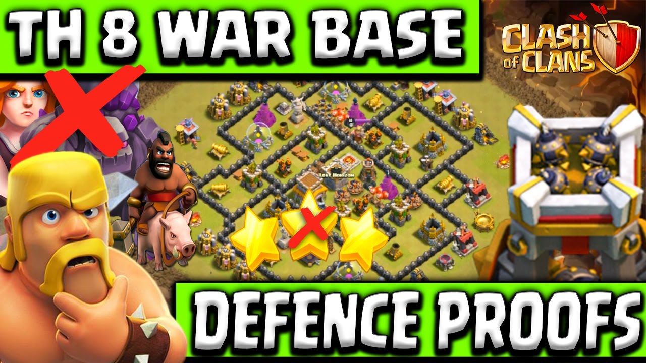 Clash of Clans - New th8 war base 2017 bomb tower with defence replays !!
