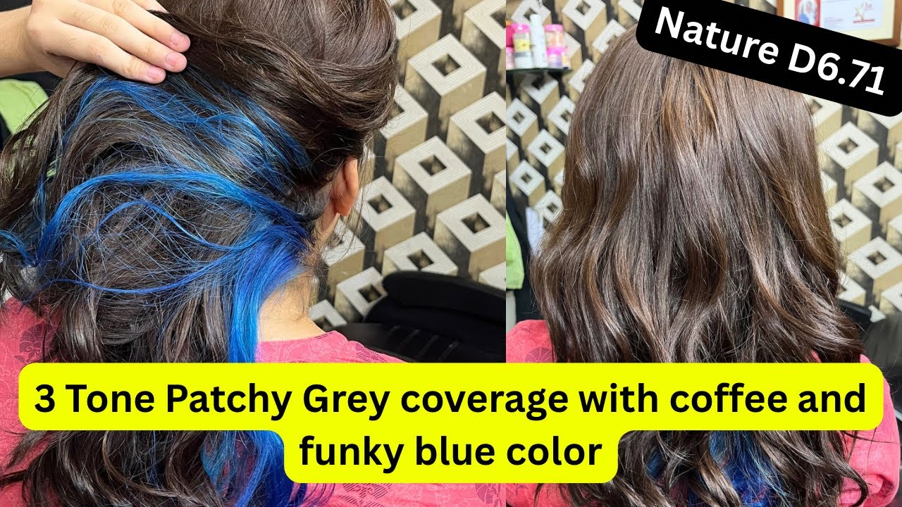 Fix Patchy 3-Tone Hair | coffee Brown color nature D6.71 + Blue  funky layers Foil | Grey Coverage