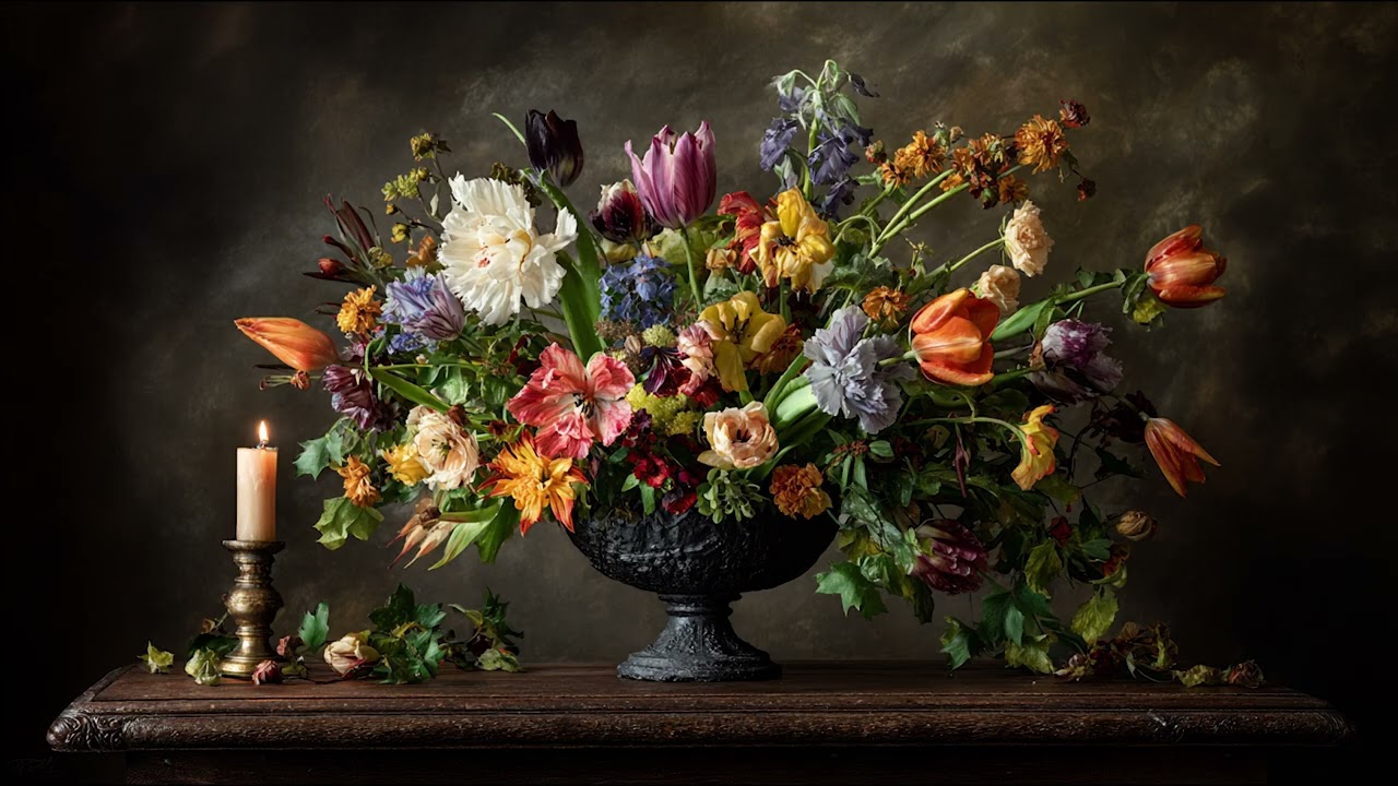 Vintage Floral Still Life with Candle | Classic Dutch Flower Painting | TV Art Screensaver | 8 Hours