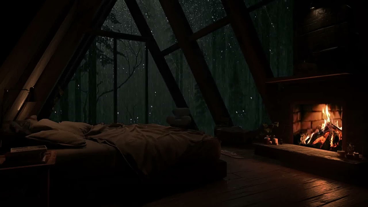 Warm Fireplace Ambience Paired with Soft Rain for a Restful Night