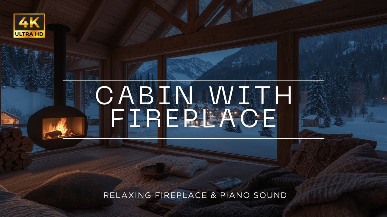 Cozy Winter Cabin with Fireplace (4K)❄️ | Chill Piano Music for Relaxing, Studying & Sleep