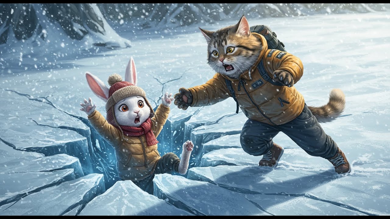 The Cat and the Rabbit Rescue in the Frozen Cavern #cat #rabbit #bunny #ai