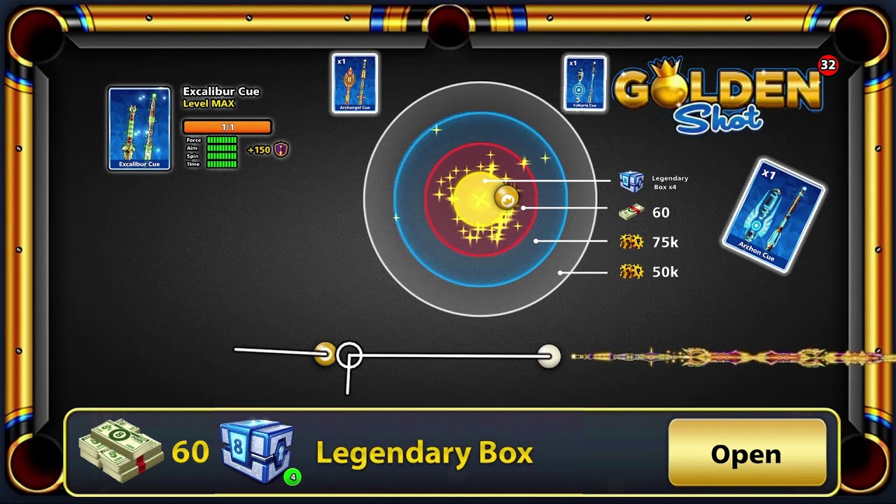 32 GOLDEN SHOTS - 60 Cash + 4 Legendary Box +75K Coin - Amazing Rewards in 8 Ball Pool - GamingWithK