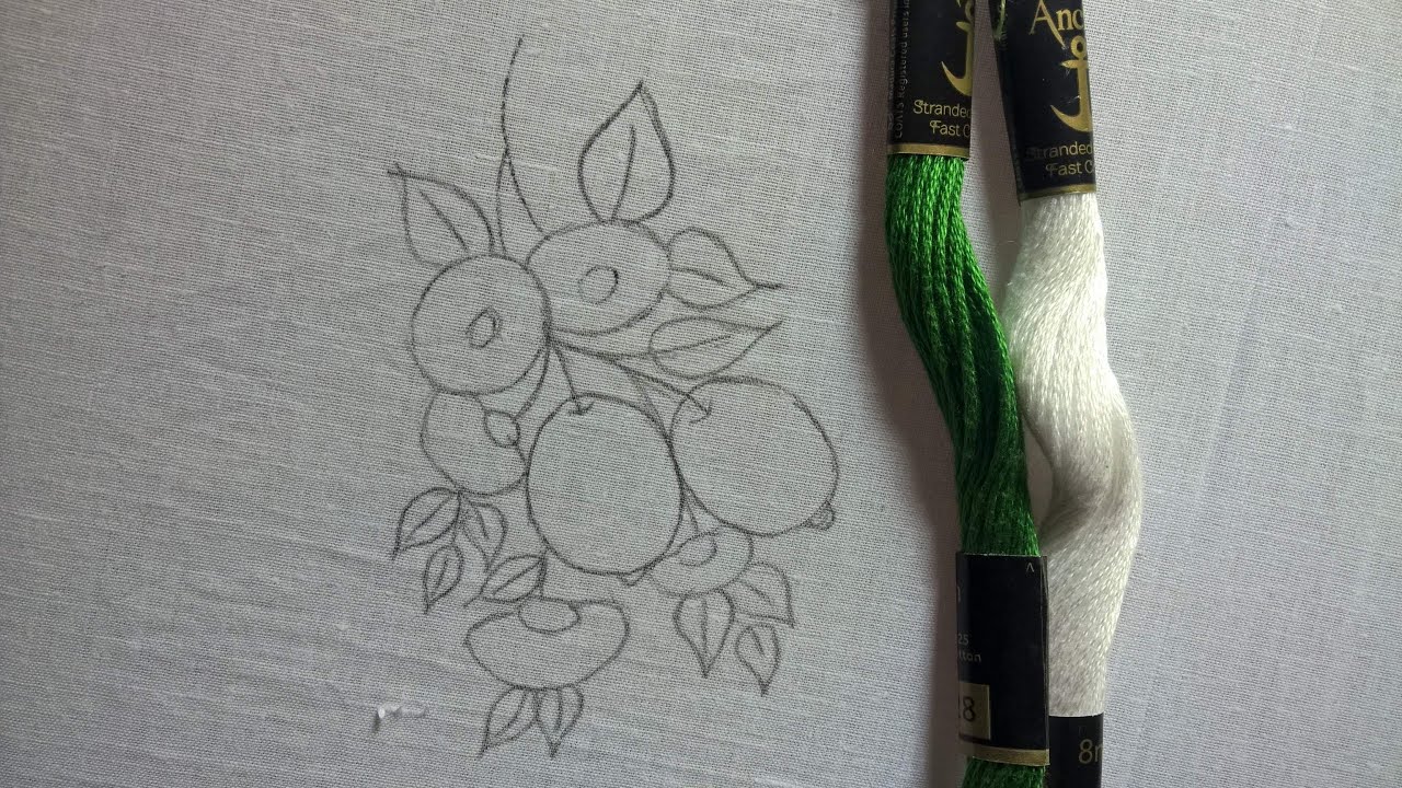 Hand embroidery. Lemon embroidery design with trellis stitch and lazy daisy stitch.
