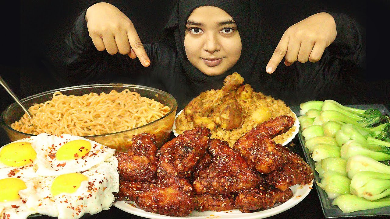 ASMR SPICY NOODLES WITH KOREAN FRIED CHICKEN WINGS 🔥 BOK CHOY, CHICKEN BIRYANI, SUNNY SIDE UP EGGS