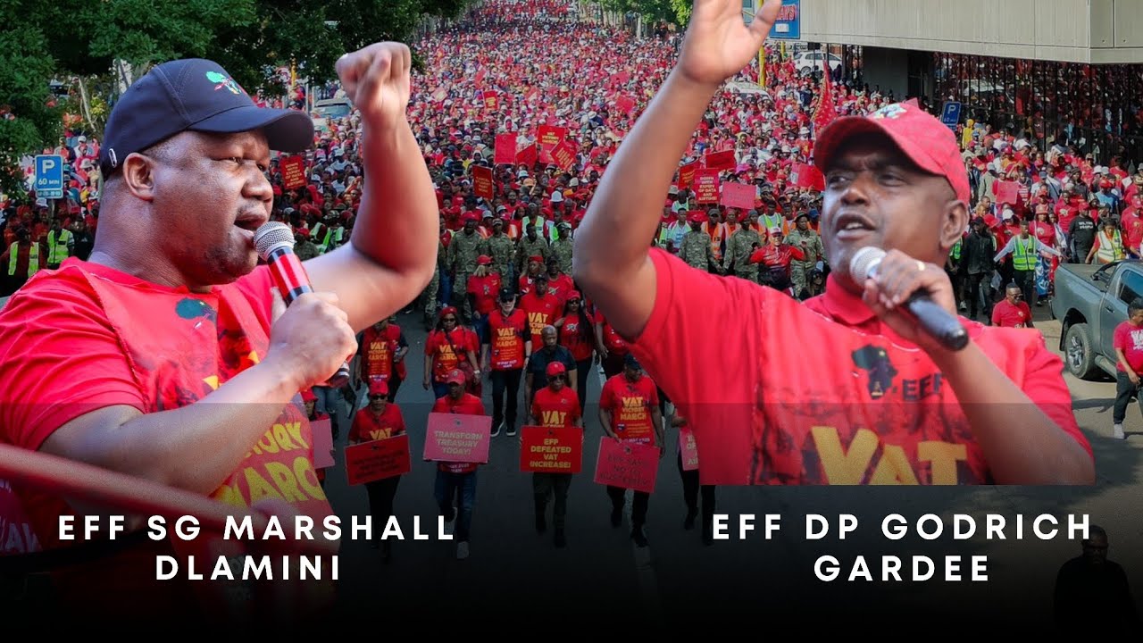 EFF SG Marshall Dlamini and Deputy President Godrich Gardee speaking at the VAT March in Pretoria
