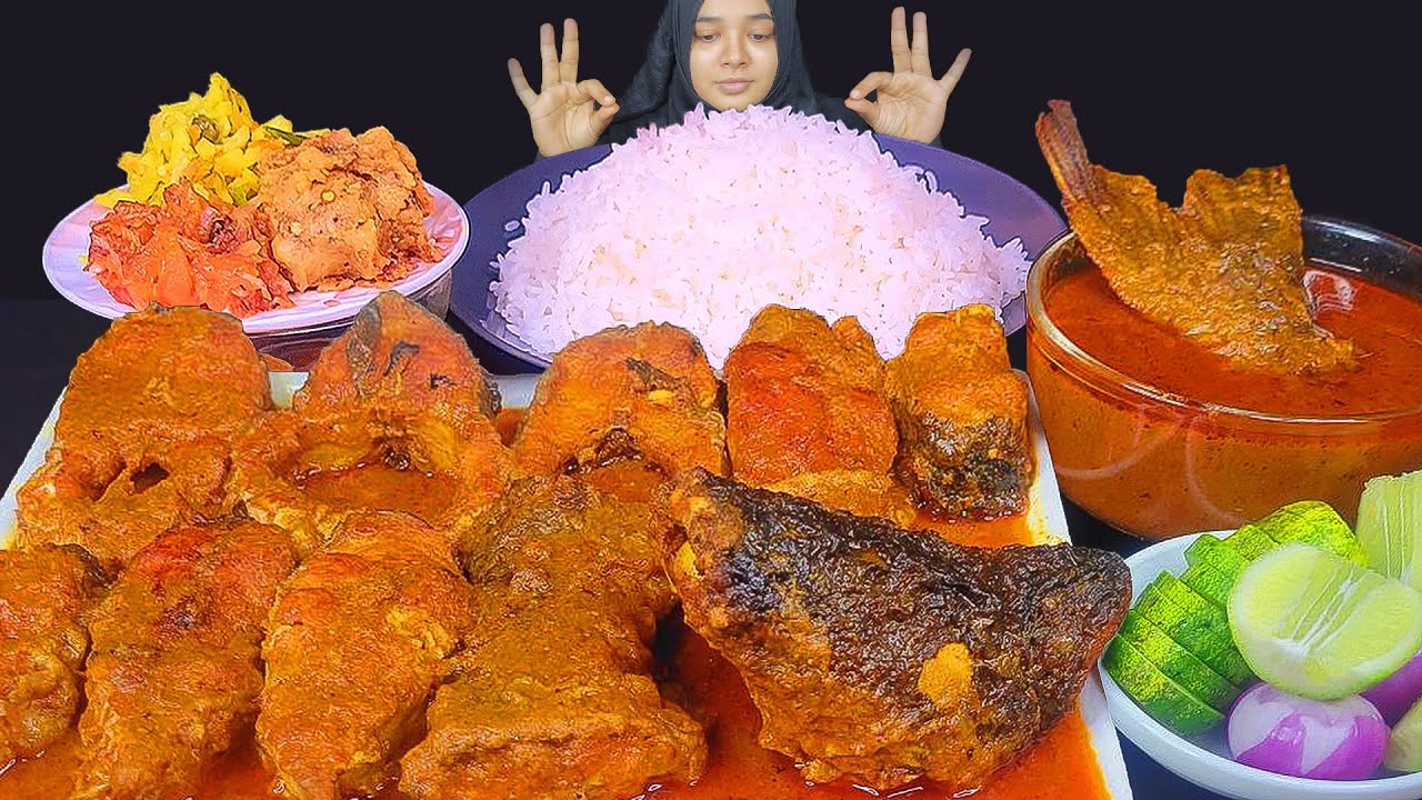 EATING SPICY HUGE FISH CURRY, FISH HEAD, FISHTAIL, DIFFERENT TYPE BHARTA WITH RICE, ASMR MUKBANG
