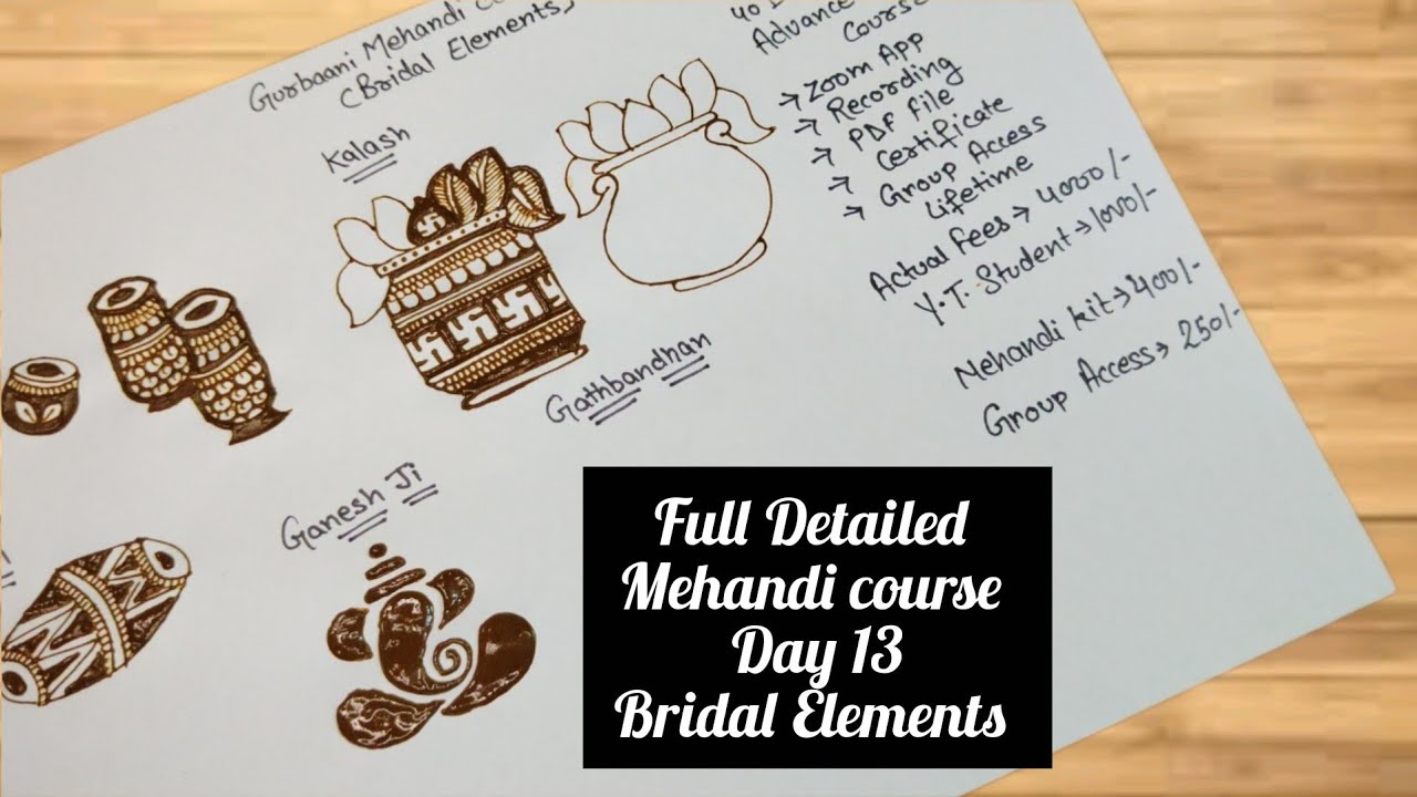 Best Mehndi Class Day 13 ❤️ll Bridal Elements ll Tabla Dhol Kalash Ganesh  gathbandhan Banana seekhe