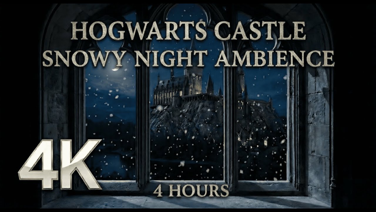 4K Harry Potter Night Window View - Hogwarts Castle Ambience & Wind Sounds for Study and Sleep 4H