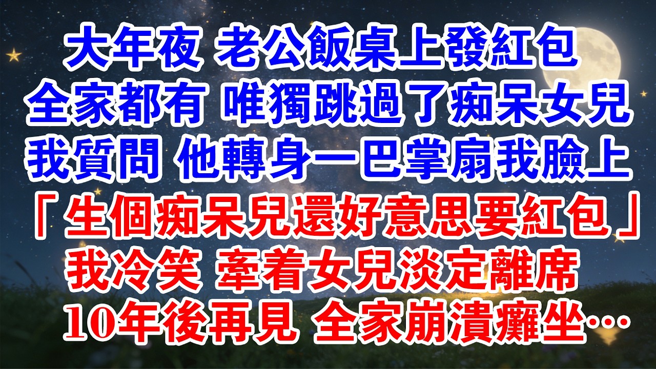 【春節快樂】大年夜 老公飯桌上發紅包 全家都有 唯獨跳過了癡呆女兒 我質問 他轉身一巴掌扇我臉上 「生個癡呆兒還好意思要紅包」我冷笑 牽著女兒淡定離席 10年後再見 全家崩潰癱坐…#情感故事 #家庭