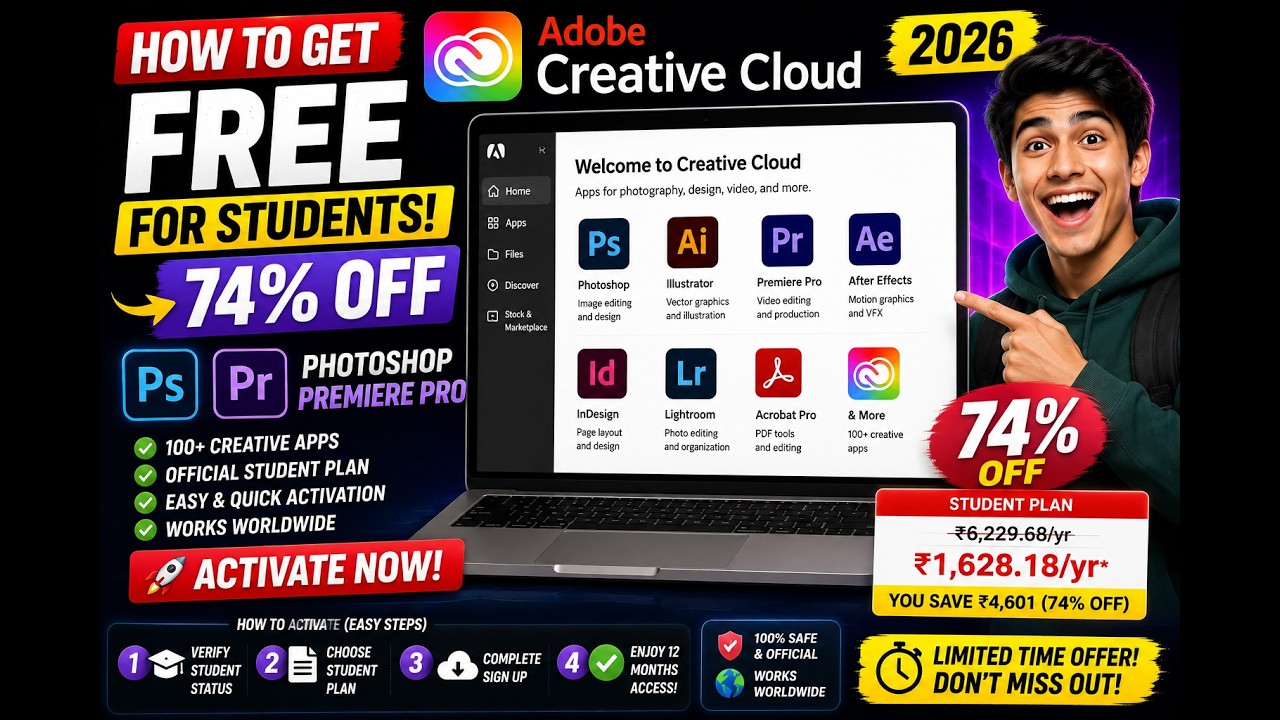 How to Get Adobe Creative Cloud FREE for Students - 74% OFF Photoshop Premiere Pro Activate Now 2026