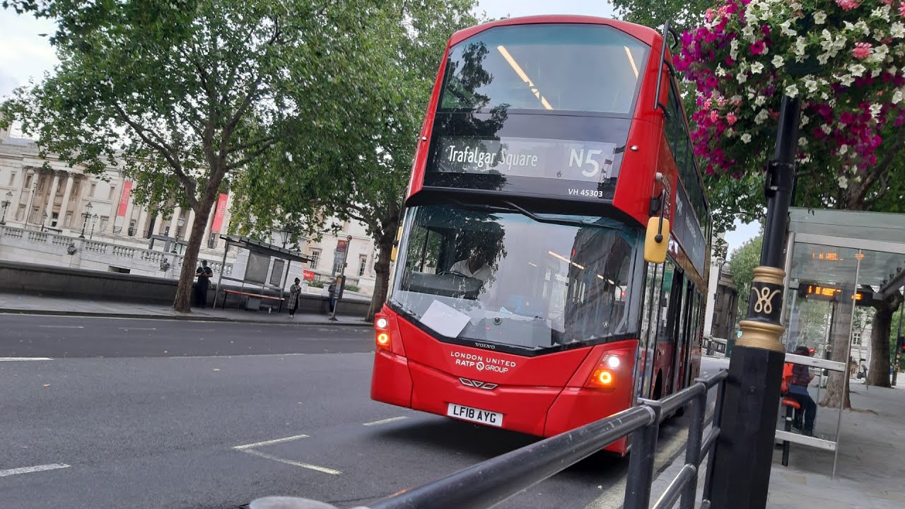 Full Route Visual. London Bus Route N5. Edgware Station - Trafalgar Square. LF18AYG. VH45303. B5LH.