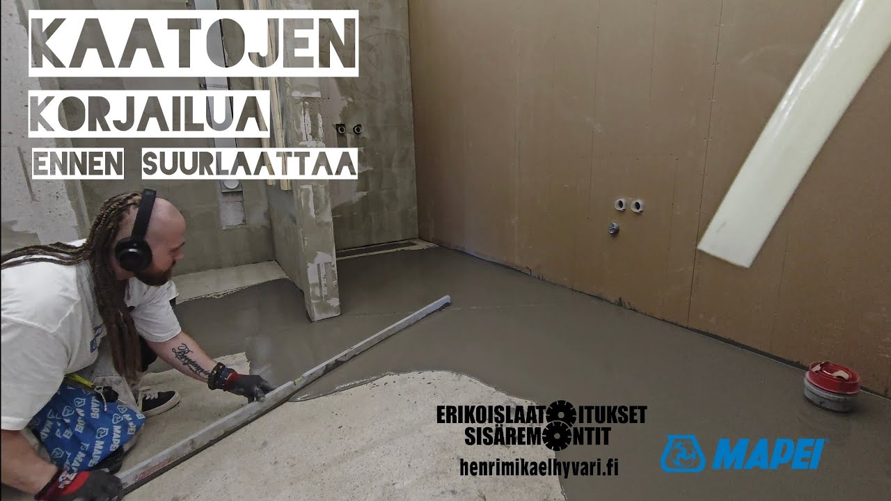 Kylpyhuoneen kaatojen korjaaminen ennen suurlaatan asennusta. MAPEI uniplan & planipatch