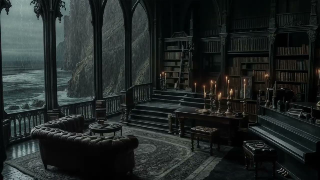 Escape the Noise: Rainy Ocean Library Night  | Gothic Study Ambience for Deep Sleep & Intense Focus