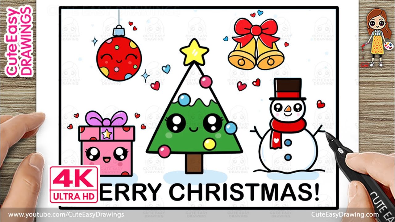 How to Draw a Cute Christmas Card | Easy Christmas Drawing for Kids | Kawaii Art | 4K