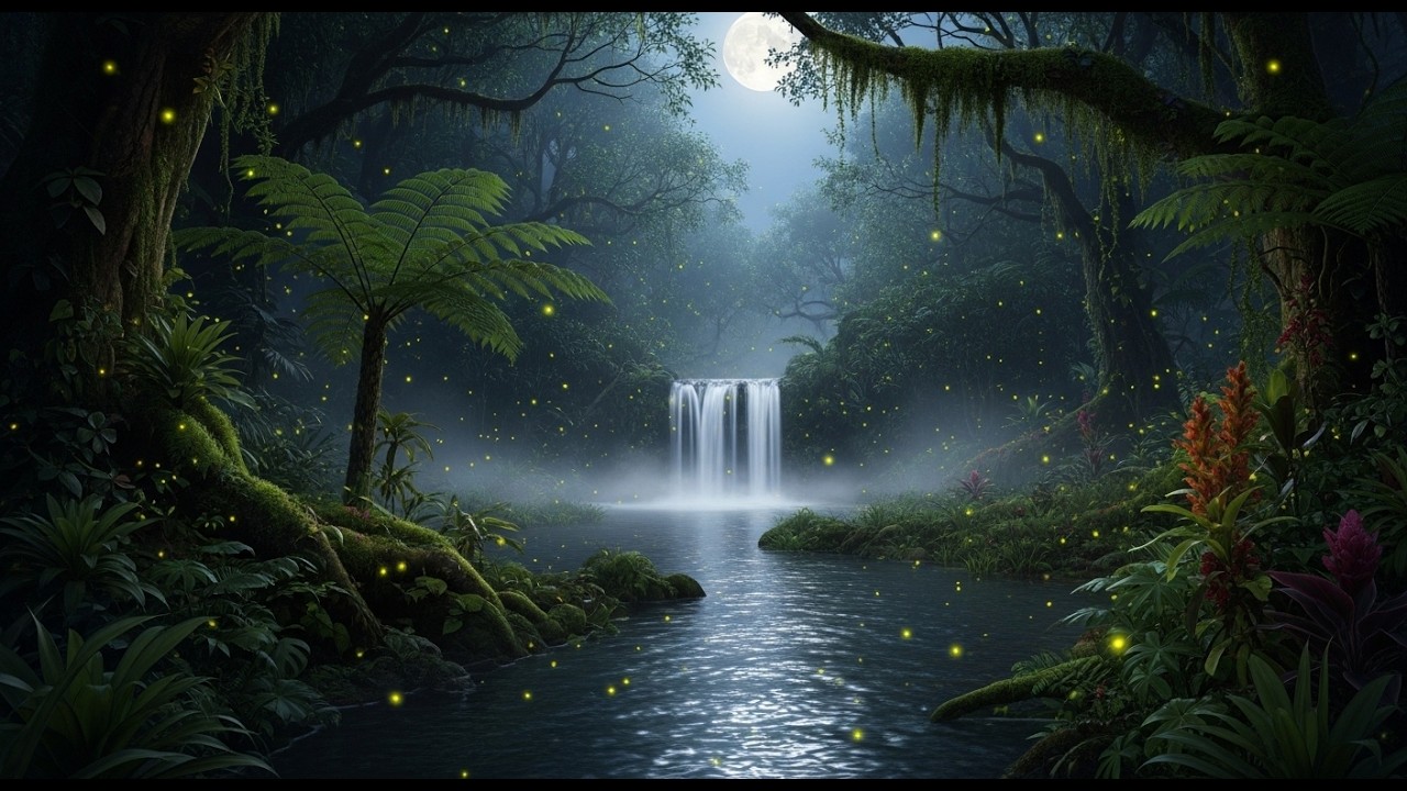 Midnight Rainforest Nocturne | Moonlit Waterfall, Mystical Jungle Piano & Flowing Stream Ambience