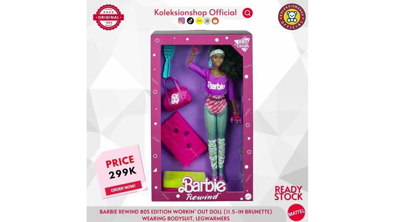 Barbie Rewind 80s Edition Workin’ Out Doll (11.5-in Brunette) Wearing Bodysuit, Legwarmers