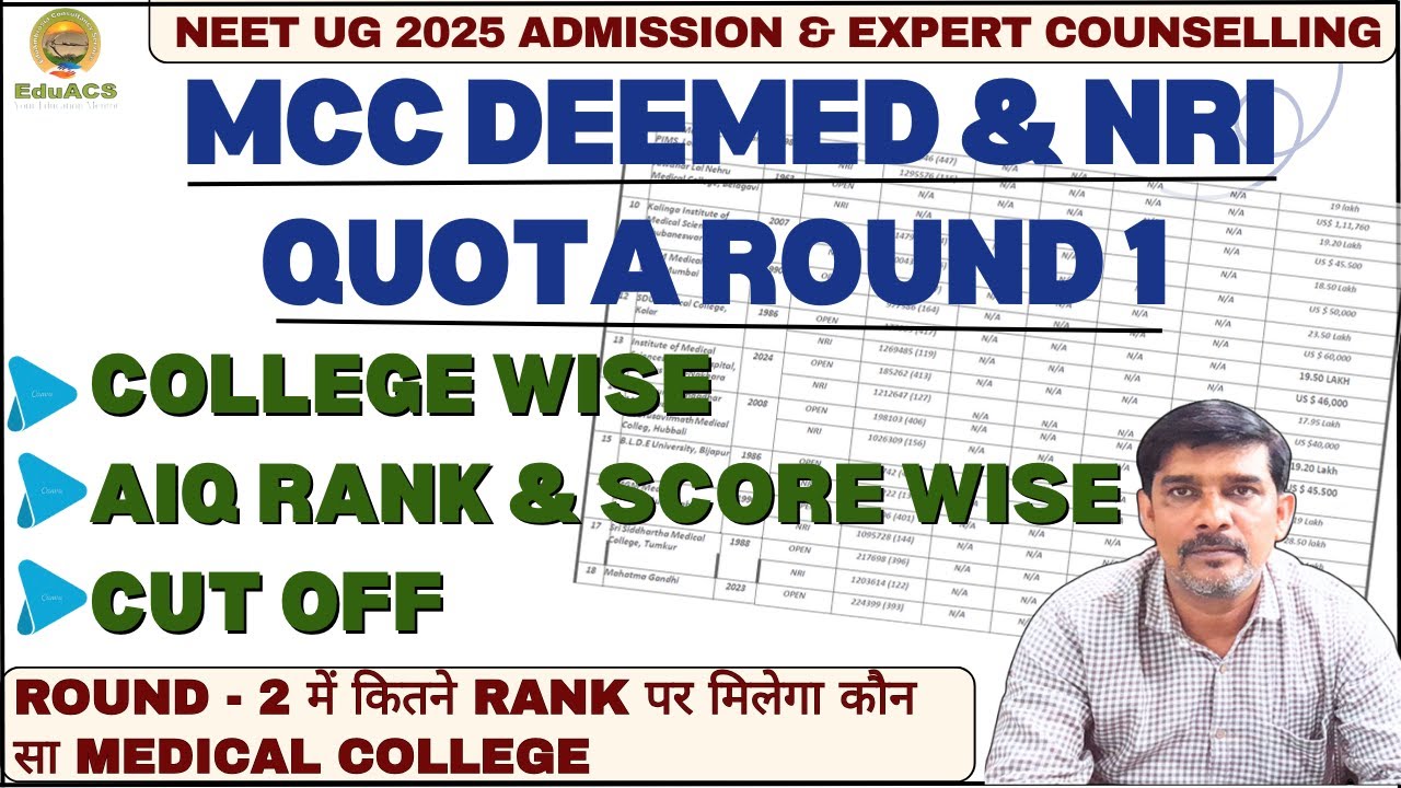 NEET UG 2025..MCC DEEMED & NRI  QUOTA ROUND 1 COLLEGE WISE CLOSSING CUT-OFF WITH RANK & SCORE