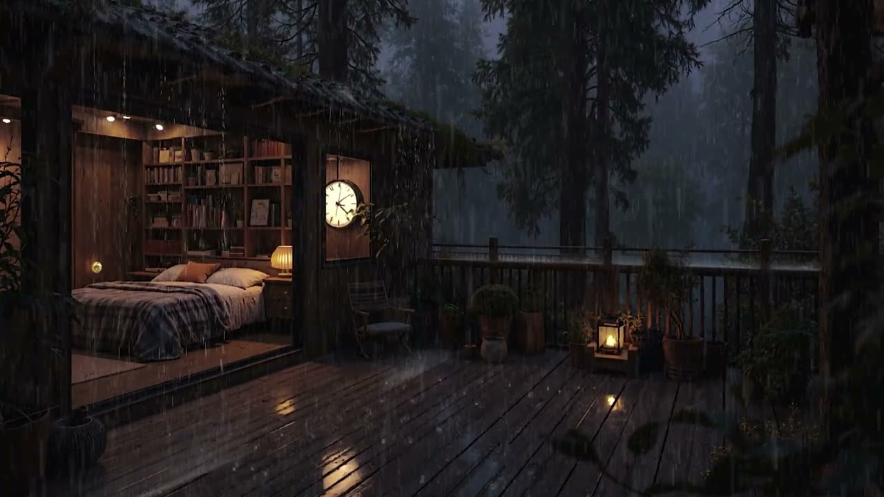 Muted Rainfall Inside a Forest Cabin | Calm Night Atmosphere for Relaxing Sleep | 4K