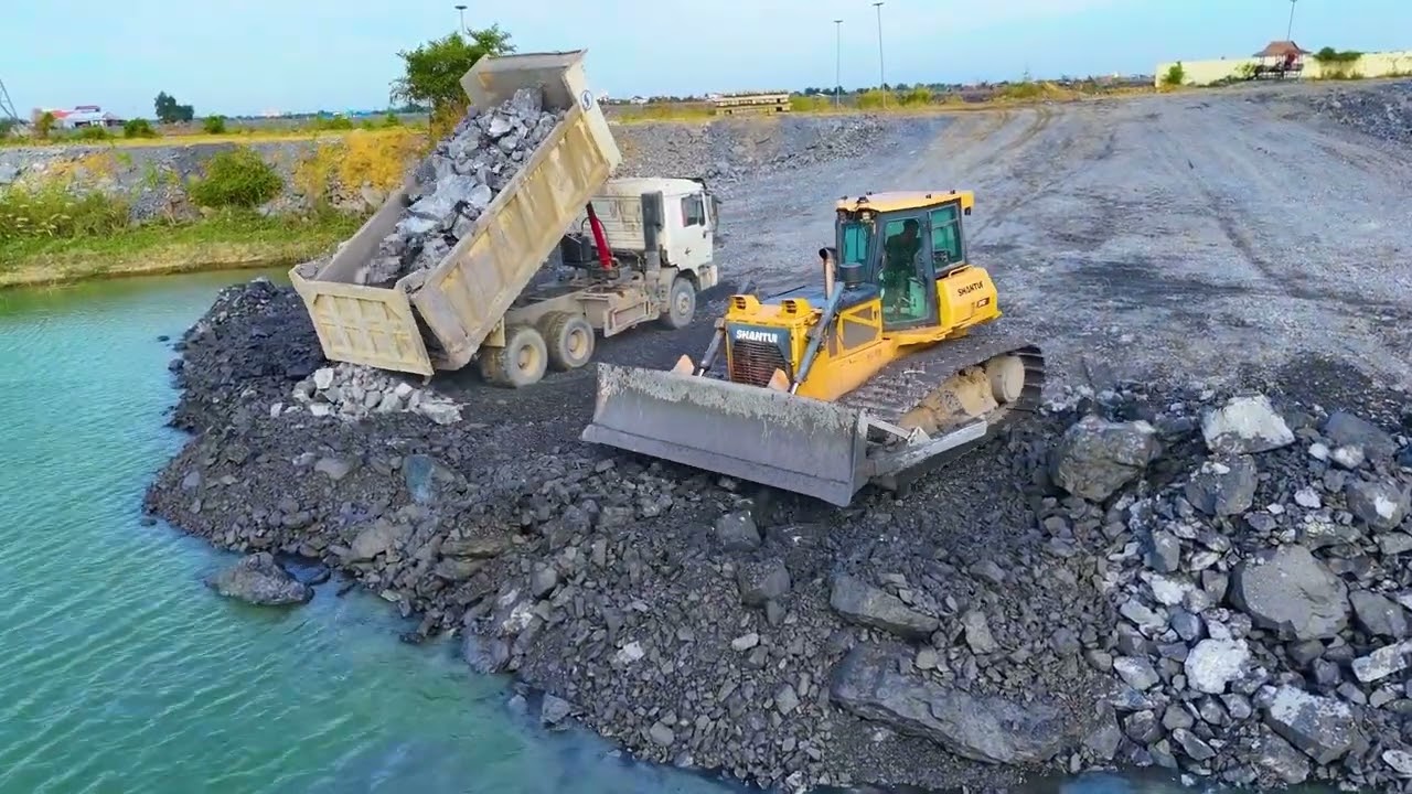 EP03,New project! Activity Contact DumpTruck 25TON Trasport Stone Filling Big Lake And BullDozer