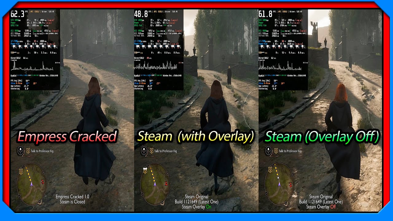PC Hogwarts Legacy Crack Comparison - Empress Cracked vs Steam Overlay On/Off Performance