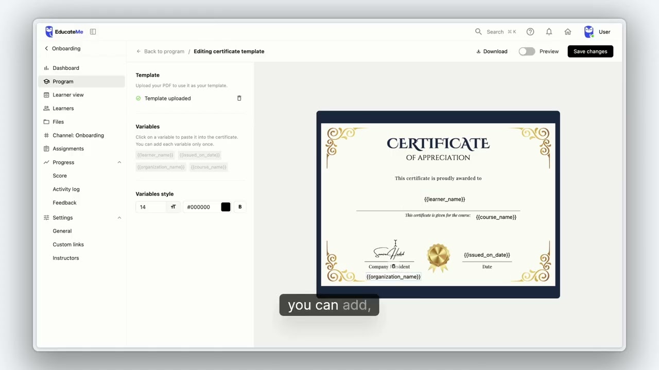 Certificate activity in EducateMe