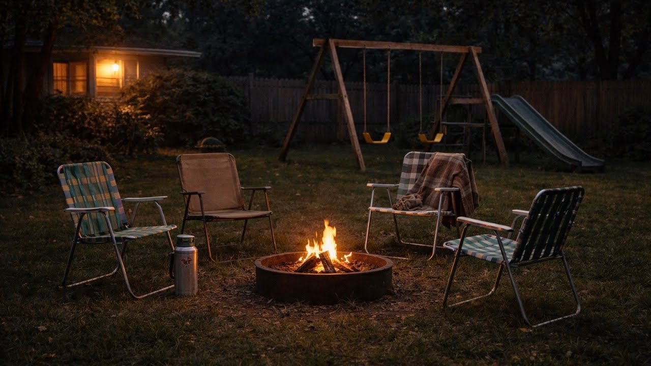 Backyard Fire Pit at Night | Crickets & Distant Playground | Summer Night Ambience (No Music)