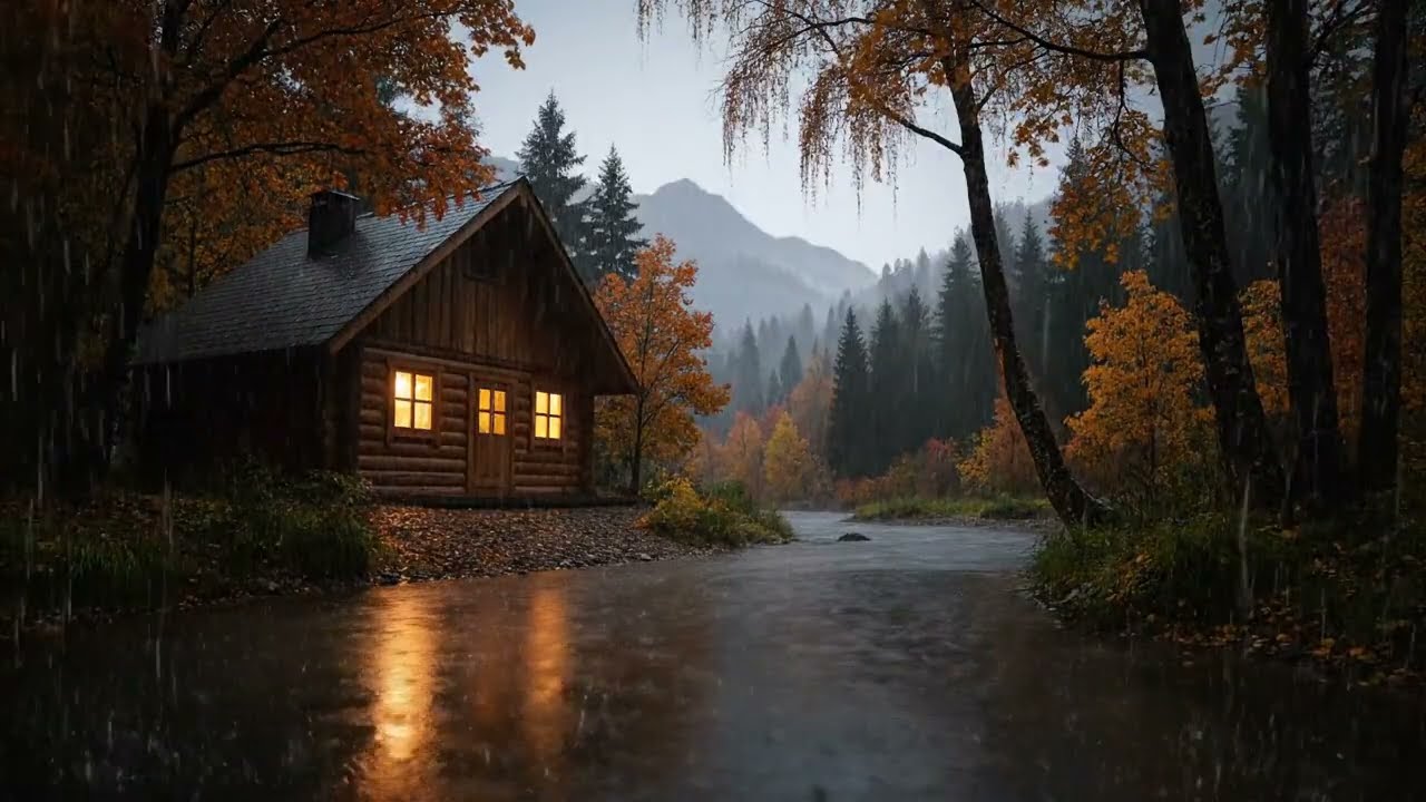 10 HOURS Rainy Cabin by the River in Autumn 🍂 Cozy Fireplace Cabin Rain Sounds for Sleep &Relaxation