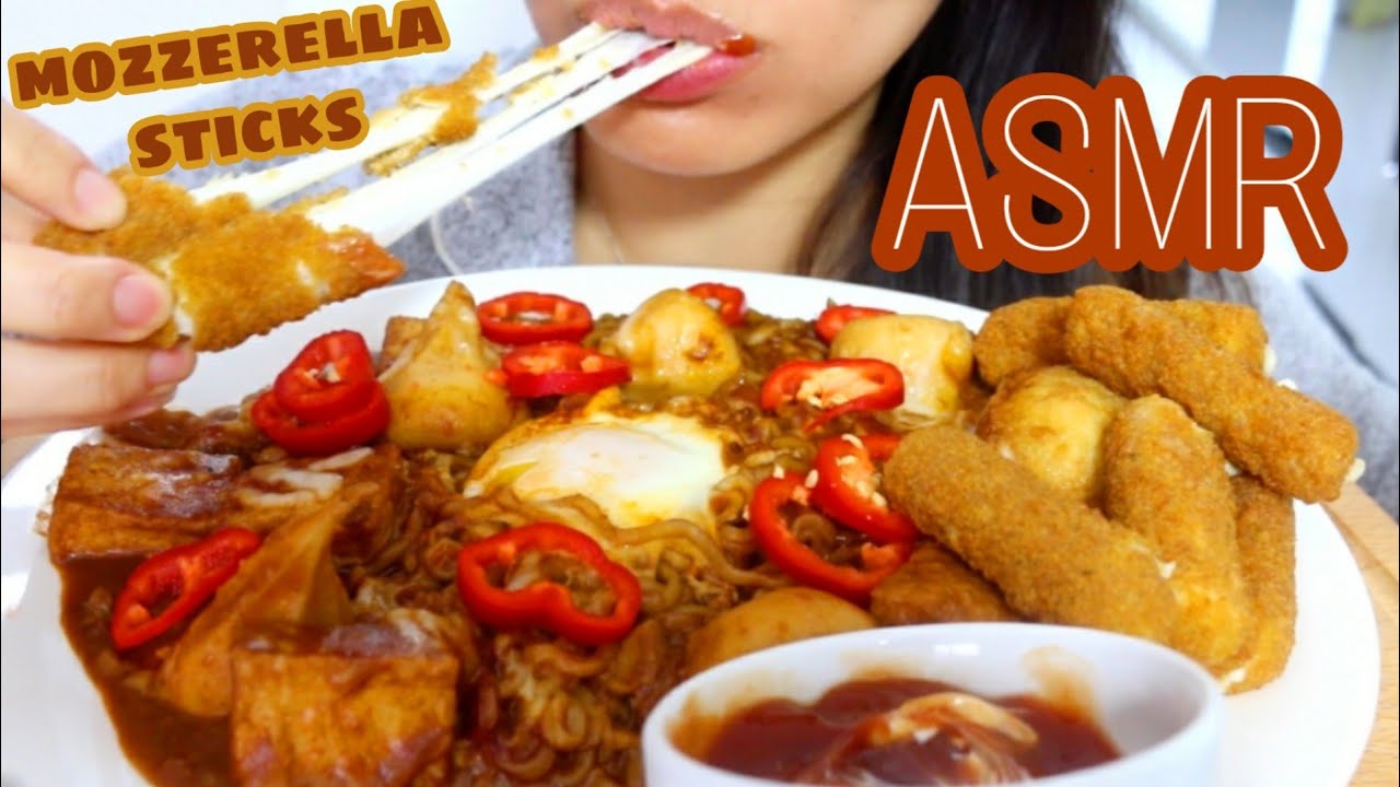 ASMR SPICY BLACK BEAN NOODLES MOZZARELLA CHEESE STICKS CRUNCHY Eating Food SOUNDS MUKBANG | TWILIGHT