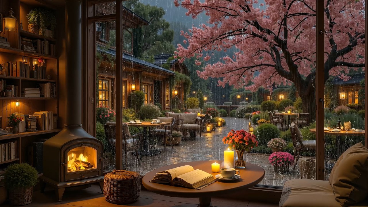 Positive Jazz Music under Spring Rainy Evening 🌧️ March Jazz Melodies & Crackling Fireplace for Calm