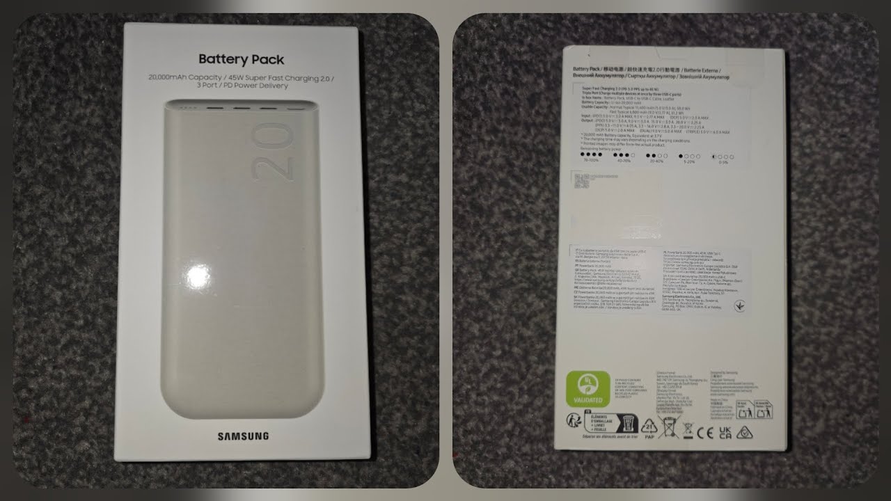 Аккумулятор Samsung 20 000 мАч, сверхбыстрая зарядка 45 Вт, поддержка PD 2.0, 3 порта.