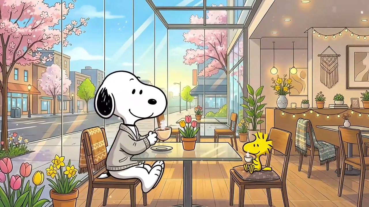 Snoopy's Cozy Spring Caf&eacute; Morning ☕🌸 Cozy Jazz & Good Mood Tunes 🎶  Study & Relax