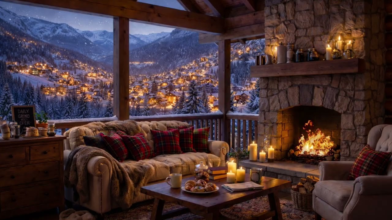 Snowy Mountain Chalet ❄️ 🎶 Relaxing Jazz for Sleep & Study | Winter Village Ambience