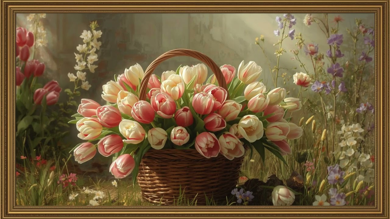 Spring Tulip Basket Painting | Art Screensaver for TV | 2 Hours Framed Painting | TV Wallpaper | 4K