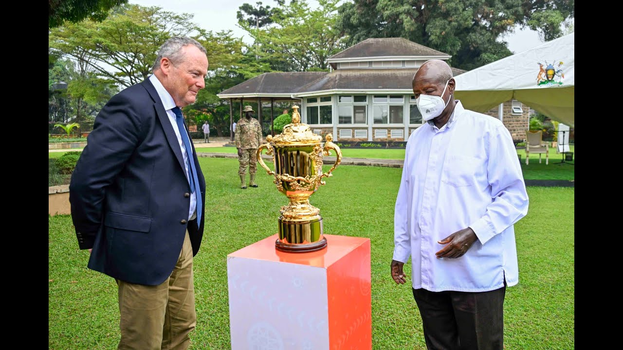 President Museveni hosts the rugby World cup trophy ~ Webb Ellis Trophy