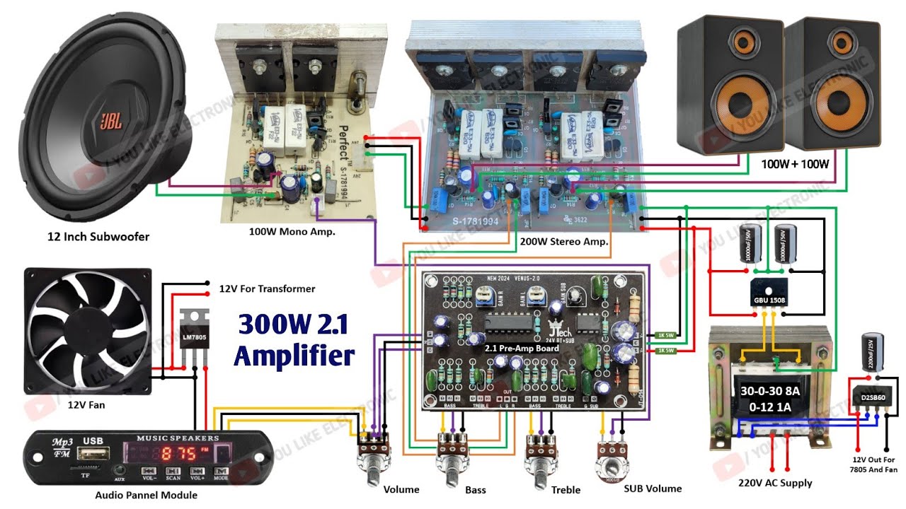 How to make 300W 2.1 Amplifier At Home | 2.1 Amplifier kaise bnaye | You Like Electronic
