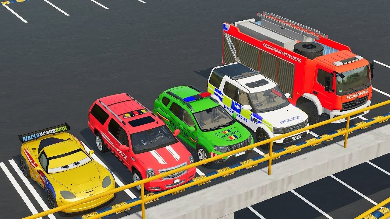 Copy of DACIA, MCQUEEN CAR, FORD POLICE CARS, AMBULANCE EMERGENCY TRANSPORTING WITH TRUCKS ! FS22 03