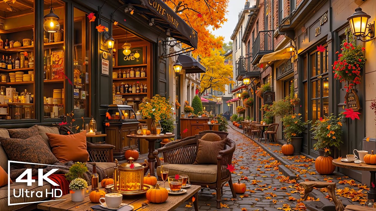 Relaxing Smooth Jazz Coffee Shop 🍂 Cozy Autumn Ambience with Crackling Fireplace for Work & Focus