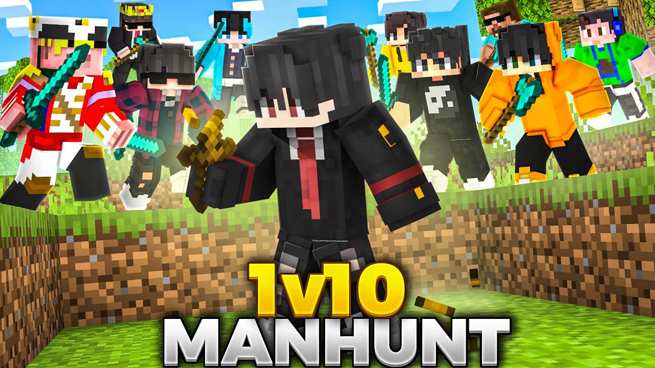 1 Vs 10 Manhunt with Random Items in Minecraft 