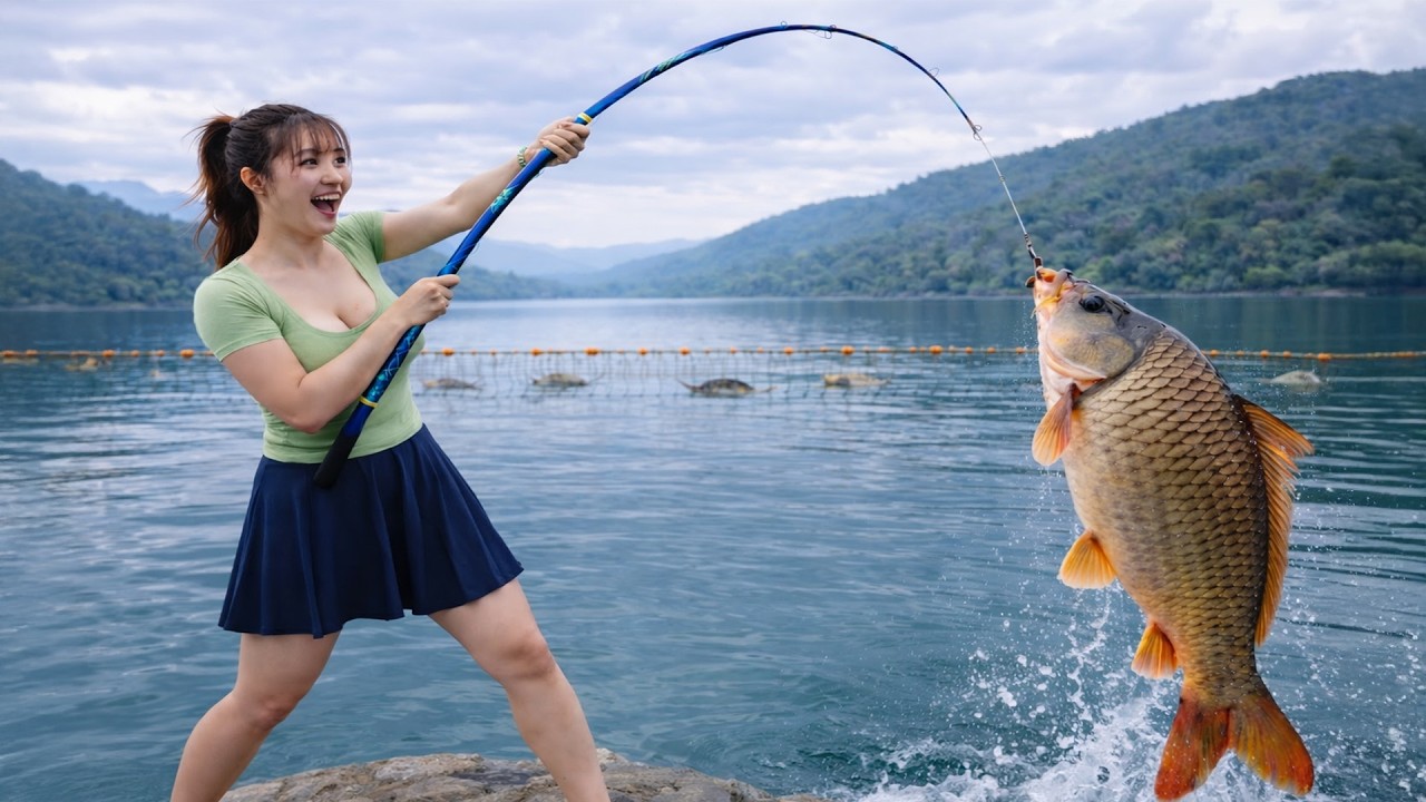 Beautiful Village Girl Fishing & Net Casting &ndash; Catching Big Carp for Market Survival