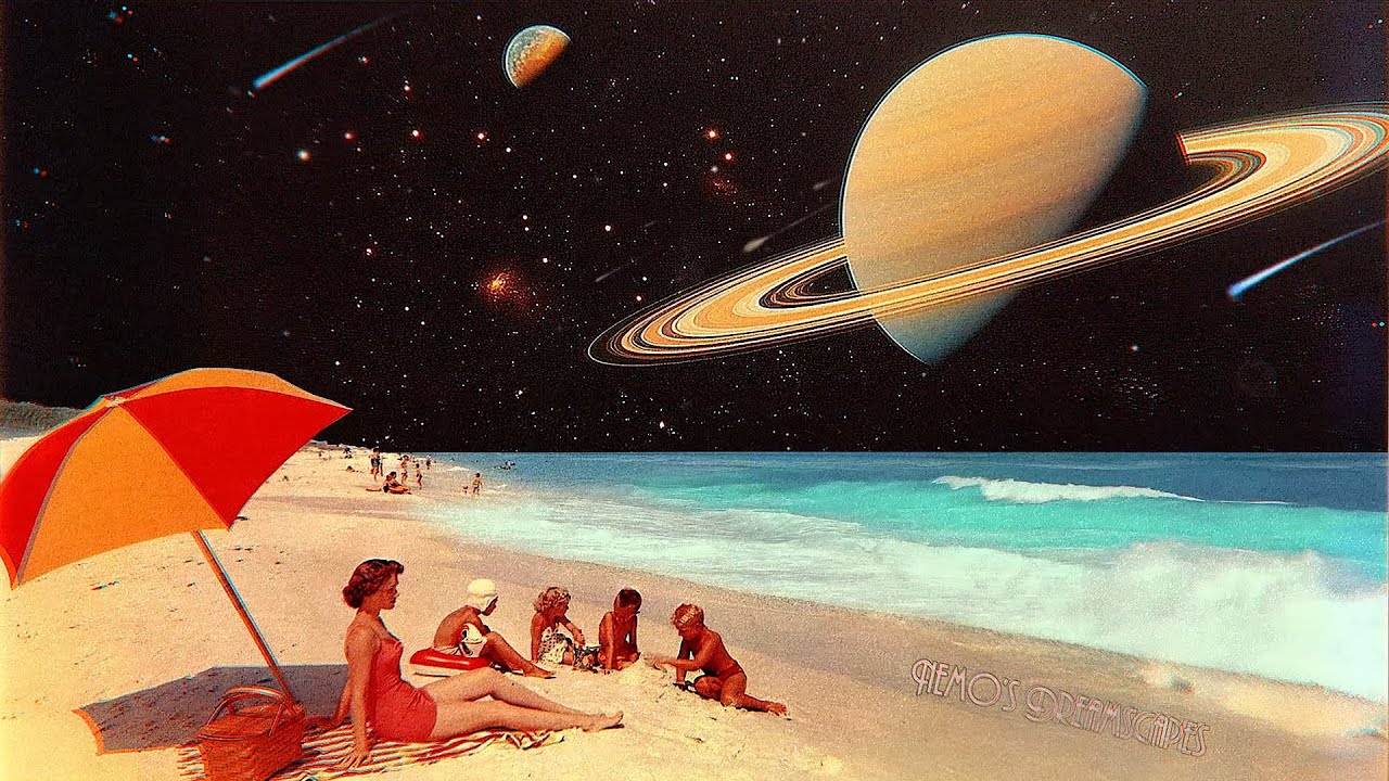 A Retro-futuristic Dreamscape by the ocean w/ Vintage oldies playing from another dimension 🪐☄✨