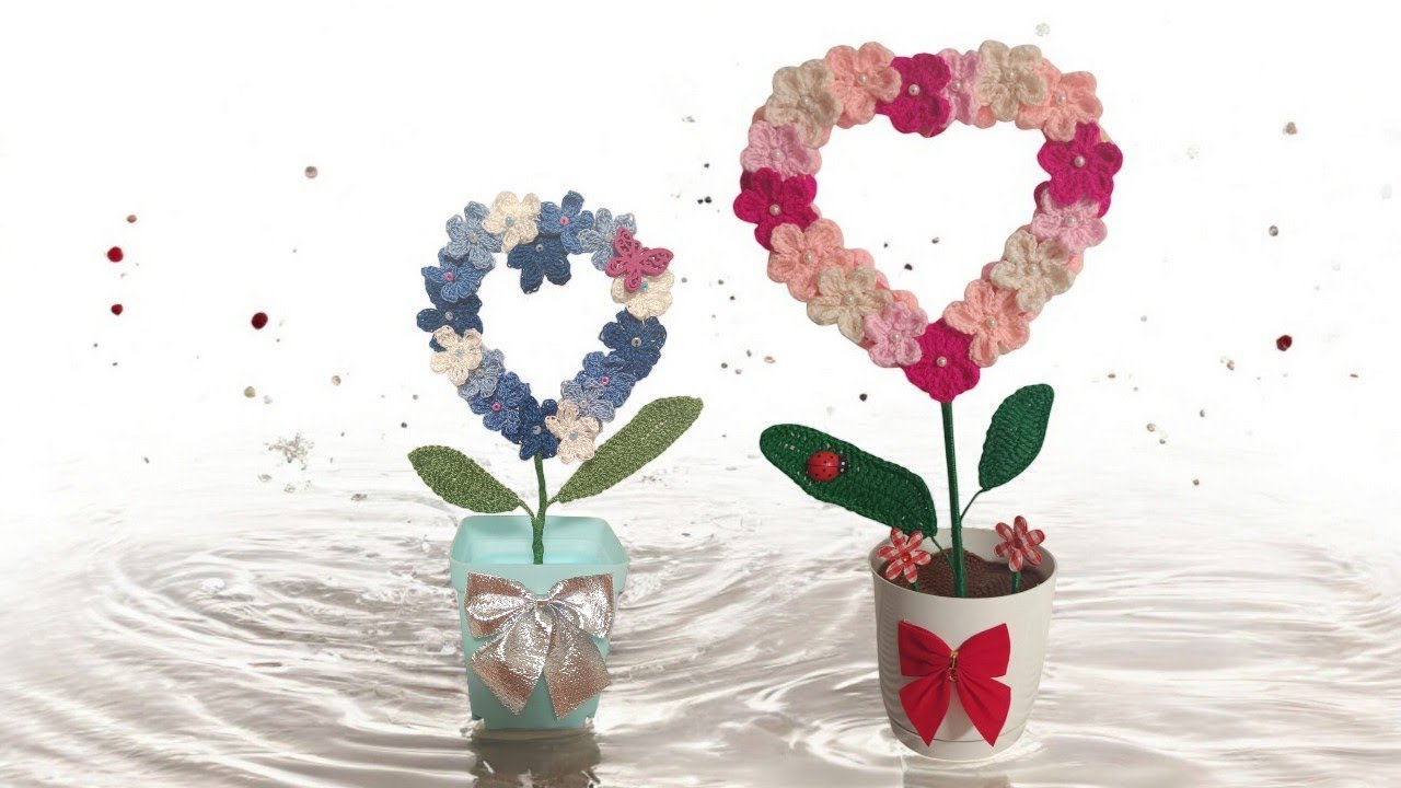 ❤️ Corazón con flores en maceta a crochet ❤️#diadelosenamorados #2025 #sanvalentin