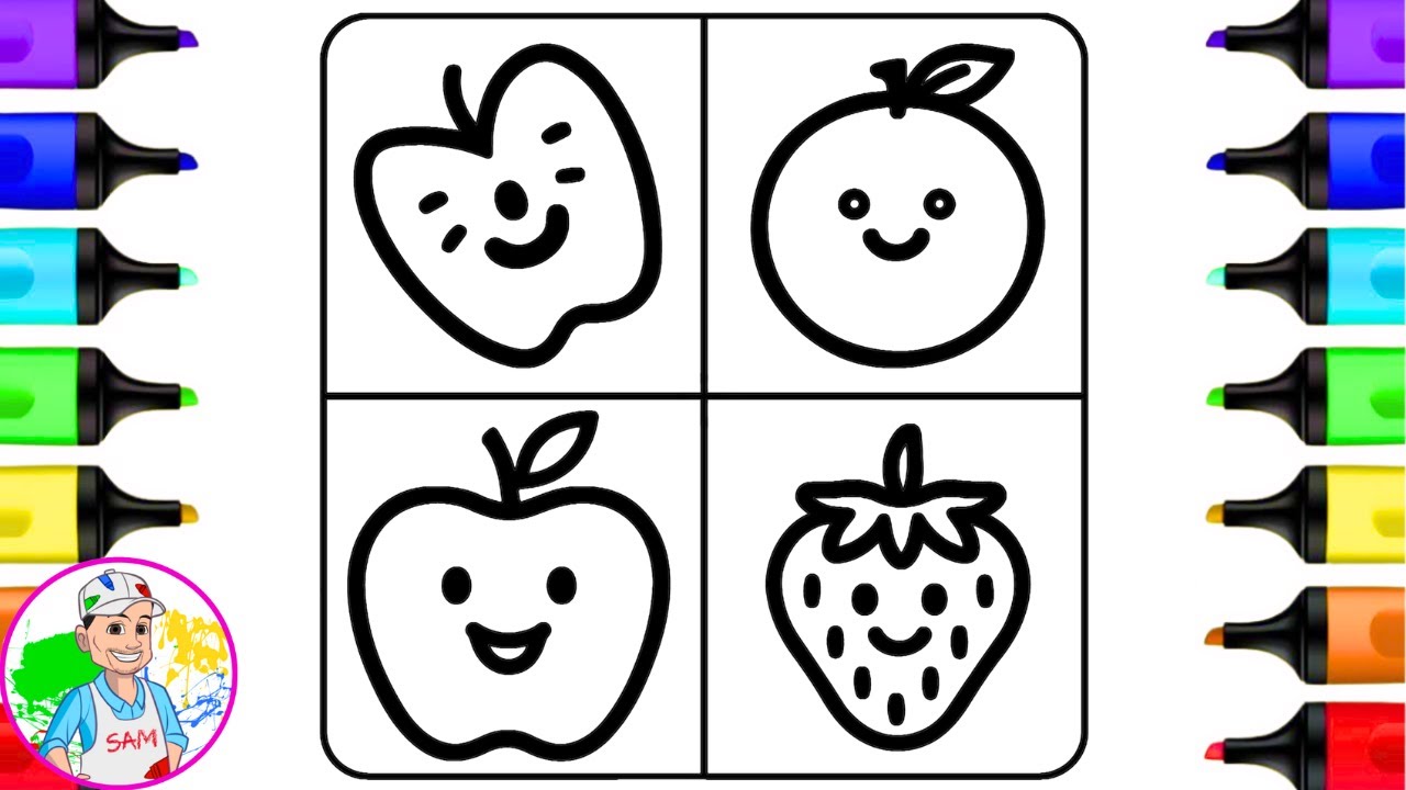 Coloring an Apple Orange & Strawberry Fruit Coloring Pages | Easy Fruit Coloring Pages Art