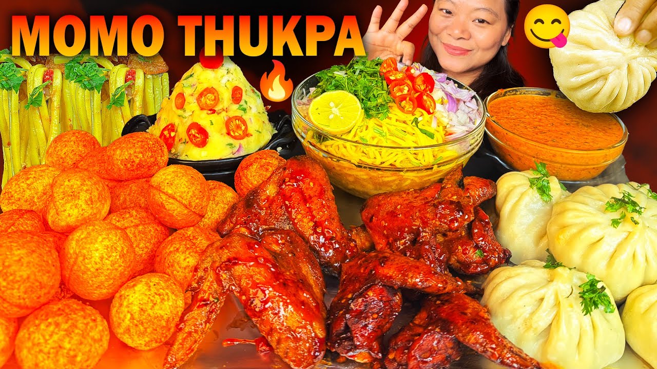 Extreme Juicy Buff Momos + Dry Thukpa | Eating Spicy Chicken Wings & Pani Puri | Nepali Mukbang