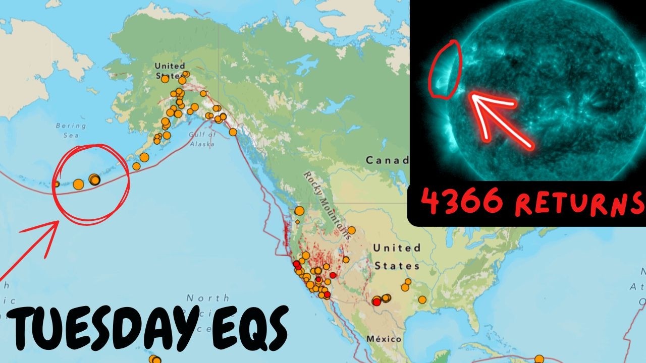 Aleutian Trench Earthquakes continue. Former Sunspot 4366 is Returning Quite active. Tuesday update.